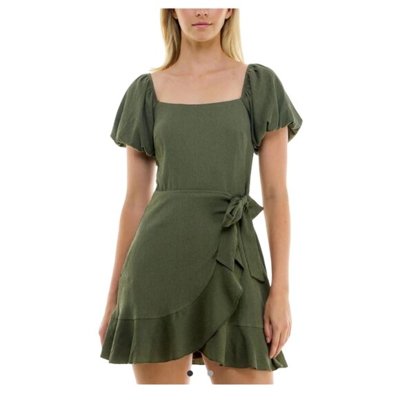 Trixxi Women's Junior Faux-Wrap Fit & Flare Dress Color Olive Size XXS - Picture 1 of 6